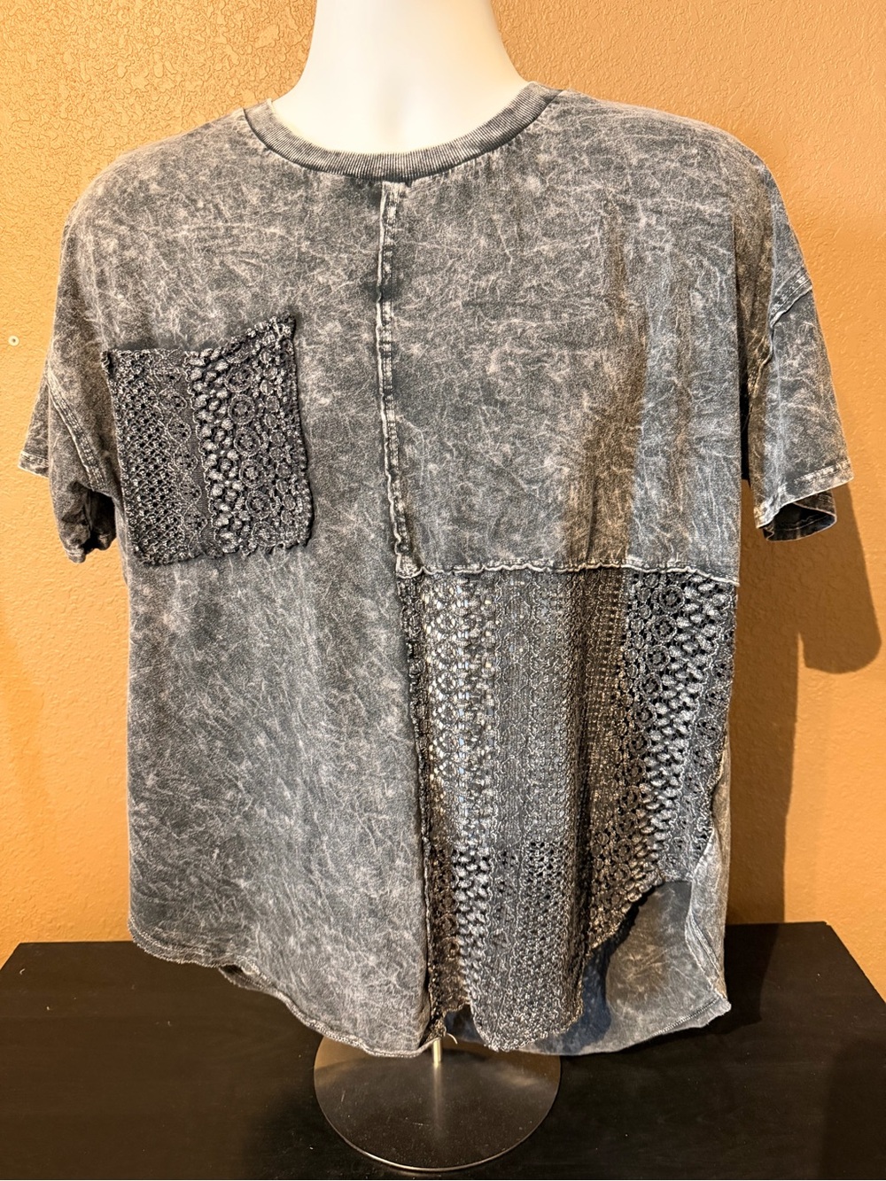 Vintage-Inspired Washed Gray Short Sleeve Patchwork Tee